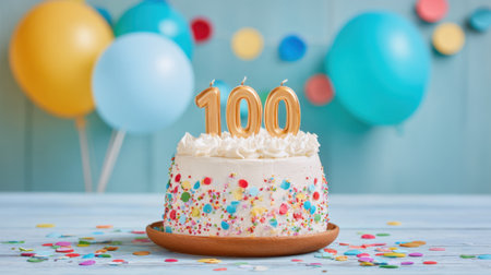 A festive cake sits on a table decorated with colorful sprinkles and candles marking a special 100th celebration.の素材