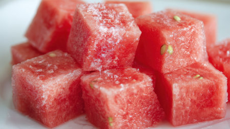 Bright pink watermelon cubes are frozen and waiting to be enjoyed as a cool treat.の素材