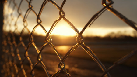 The sun sets behind a chain link fence casting warm golden light across the scene.の素材