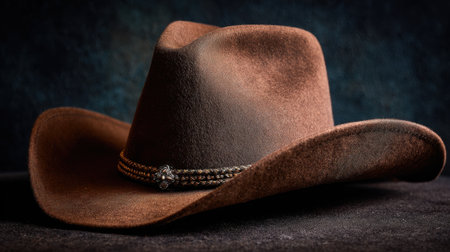 A timeless brown cowboy hat showcases its fine details against a dark textured background illuminated softly.の素材