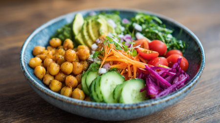 A vibrant bowl filled with chickpeas sliced cucumbers cherry tomatoes and colorful vegetables.の素材