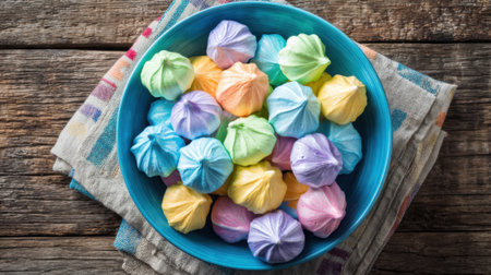 Bright meringue cookies in pastel colors fill a blue bowl on a textured wooden surface inviting a sweet delight.の素材