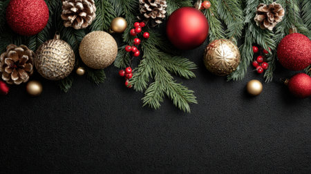 Colorful ornaments and pine cones create a joyful holiday atmosphere on a dark background.の素材