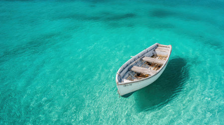 A small rustic boat drifts gently on clear turquoise waters under a bright sky evoking tranquility.の素材