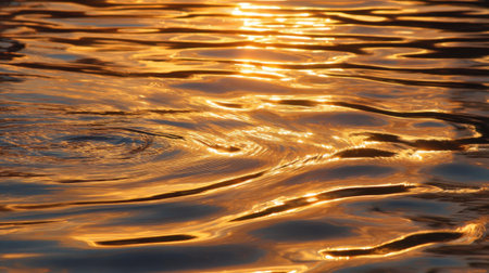 Sunlight reflects brilliantly on a serene lake creating shimmering golden patterns on the water surface.の素材