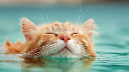 An orange cat floats peacefully in clear water enjoying the warmth and tranquility of the moment.の素材