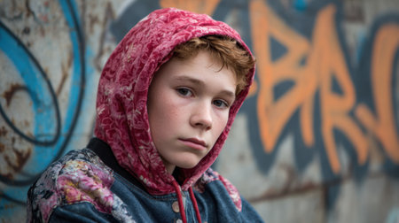 A young person in a knitted hoodie gazes thoughtfully surrounded by colorful graffiti art.の素材