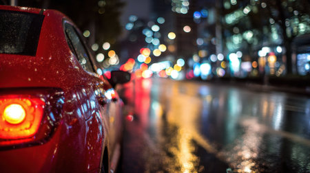 Raindrops shimmer on a red car as bright lights reflect off the wet pavement in a bustling city.の素材
