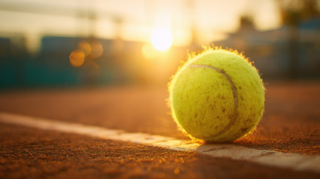 A vibrant tennis ball lies on the court illuminated by a warm sunset in the background creating a peaceful scene.の素材