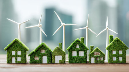 Miniature houses covered in green grass stand beside wind turbines against a city background.の素材