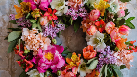 Vibrant mix of flowers creates a cheerful wreath perfect for brightening up any door or space.の素材