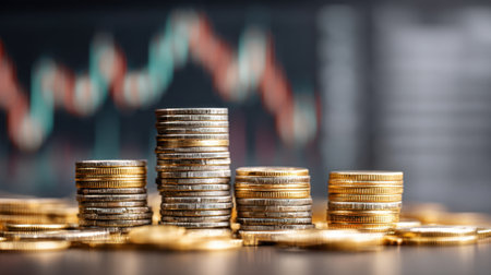 Multiple stacks of coins are arranged neatly on a flat surface highlighting economic trends.の素材