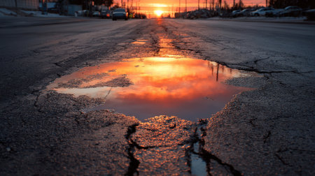 A beautiful sunset casts colorful reflections in a puddle on a cracked urban road.の素材