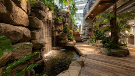 A beautiful indoor landscape features a waterfall flowing into a tranquil pond surrounded by vibrant plants and natural stones.の素材