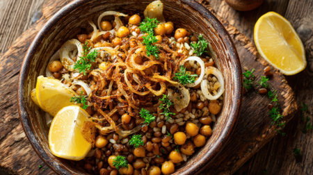 A vibrant bowl filled with seasoned chickpeas grains and crispy fried onions next to fresh lemon slices.の素材