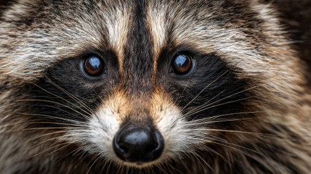 A curious raccoon looks directly at the camera with bright eyes exploring its environment.の素材