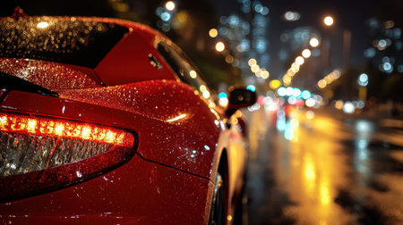 A stunning red sports car stands parked reflecting city lights and raindrops during a nighttime shower.の素材
