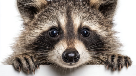 Raccoon with bright eyes and soft fur curiously looks over a white surface embodying playful innocence.の素材