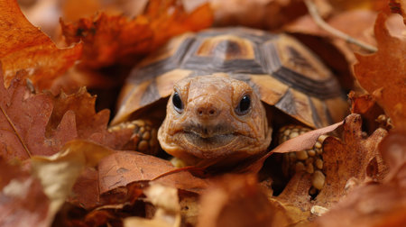 A curious tortoise slowly moves through a vibrant layer of orange and brown leaves.の素材