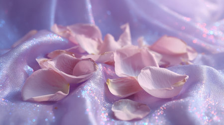 Delicate rose petals scatter across a silky surface reflecting soft light and creating a peaceful ambiance.の素材