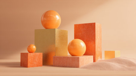 Bright orange and gold shapes create a modern art scene evoking warmth and creativity.の素材