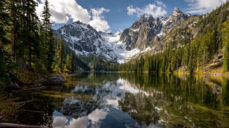 Serene lake surrounded by lush trees and towering mountains offers a stunning natural view.の素材