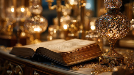 A beautiful vintage book rests on a table surrounded by warm glowing lamps creating a cozy atmosphere.の素材