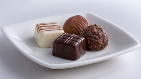 A tempting variety of chocolates sits on a clean white plate inviting indulgence and delight.の素材