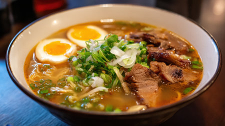 Savoring a bowl of ramen with rich broth toppings of green onions and soft boiled eggs perfect for lunch.の素材
