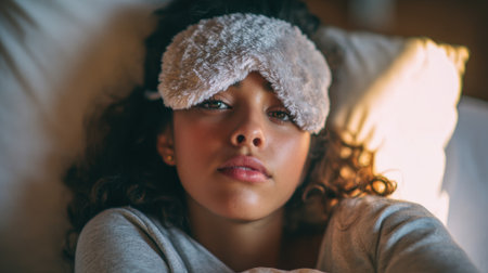 A woman lies comfortably in bed wearing a cozy eye mask while enjoying a peaceful morning.の素材