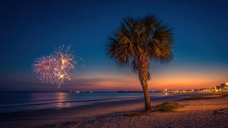 Colorful fireworks burst in the night sky above the serene beach while a palm tree stands tall.の素材