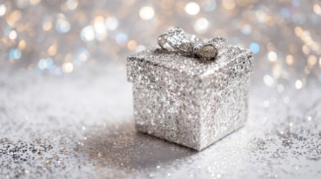 A small shiny silver gift box sits gleaming on a soft surface covered in glitter creating a festive mood.の素材