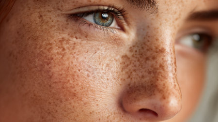 Freckles dance across a persons cheek their bright eyes gleaming with life and wonder.の素材