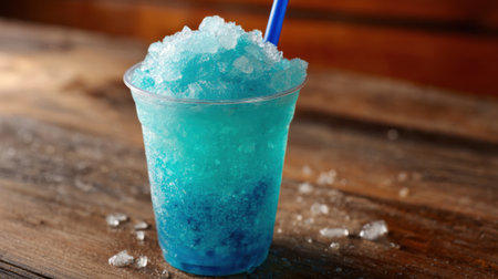 Bright blue slushy filled with ice sits on a weathered wooden surface inviting a taste.の素材