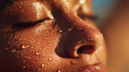 Water droplets shimmer on a relaxed face reflecting sunlight during a tranquil moment outdoors.の素材