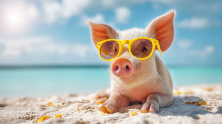 A cute pig relaxes on the warm sand wearing bright yellow sunglasses and soaking up the sun.の素材