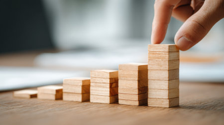 Carefully stacking wooden blocks to create a tall tower in a calm and organized workspace.の素材