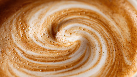 A swirl of coffee with foam on top. The foam is brown and the coffee is a light brown colorの素材