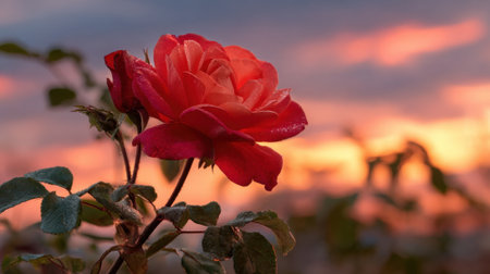 A red rose is in the foreground of a beautiful sunset. The rose is surrounded by green leaves and the sky is filled with warm colors. Concept of peace and tranquilityの素材