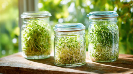 Three glass jars filled with green sprouts sit on a wooden table. The jars are arranged in a row, with the middle jar slightly taller than the other two. The sprouts inside the jars are freshの素材