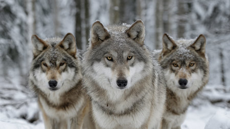 Three wolves standing in the snow, one of which is looking at the camera. Scene is peaceful and serene, as the wolves appear to be enjoying the winter landscapeの素材