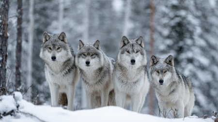 Four wolves standing in the snow, looking at the camera. Scene is peaceful and serene, as the wolves seem to be enjoying the winter landscapeの素材