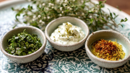 Three bowls of food are arranged on a table, with one containing a green herb, another containing a white sauce, and the third containing a yellow spice. The bowls are placed next to each otherの素材