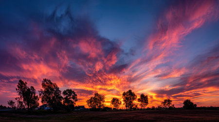 A beautiful sunset with a few trees in the background. The sky is filled with clouds and the sun is settingの素材