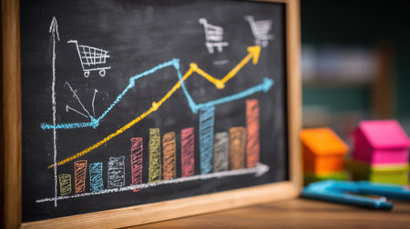A chalkboard with a graph showing the growth of a business. The graph is accompanied by shopping carts and housesの素材