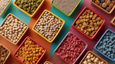 A colorful assortment of food items in bowls, including nuts, seeds, and other snacks. The bowls are arranged in a row, with some bowls containing more food than others. Scene is cheerful and invitingの素材