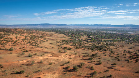 A wide view of an expansive arid landscape featuring scattered shrubs and hills. The distant mountains create a striking backdrop under a bright blue sky emphasizing the areas natural beauty.の素材