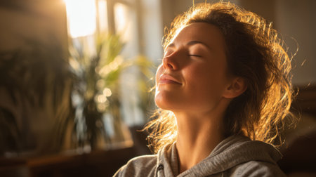 A woman sits comfortably in a cozy indoor setting basking in warm sunlight. She closes her eyes appearing relaxed and at ease. Soft shadows create a calming atmosphere perfect for tranquility.の素材