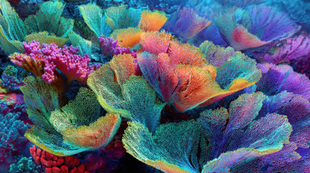 Underwater scene showcasing a variety of colorful corals with bright hues of blue pink and orange. Sunlight filters through clear waters highlighting the vibrant ecosystem.の素材