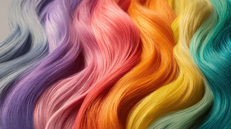 Layers of hair in various vibrant colors flow in a wavy pattern creating a stunning visual display that showcases the beauty and versatility of hair styling.の素材